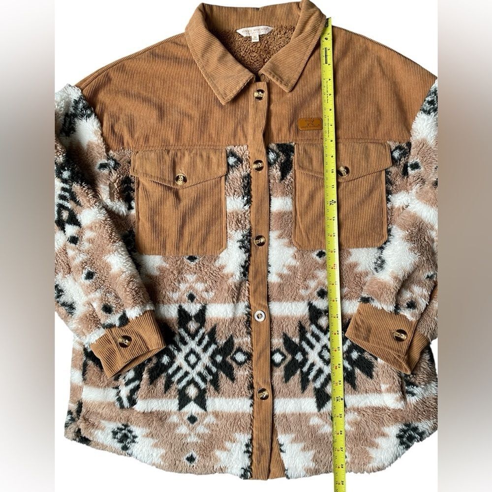 Simply Southern Aztec Sherpa Shacket Corduroy Button Up Fleece Jacket Brown M - Picture 5 of 7